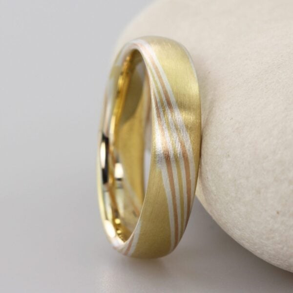 The Hayakawa: 18ct Yellow Gold Mokume Gane Wedding Ring with 18ct Rose Gold and Silver