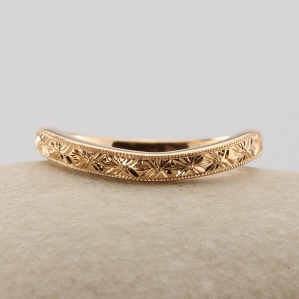 The Lune: Hand Engraved Orange Blossom 14ct Rose Gold Ring with Milgrain Edge and Bespoke Curve