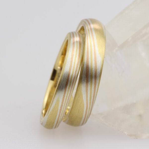 The Takizawas: Yellow Gold Mokume Gane Wedding Ring Set with Rose Gold and Silver