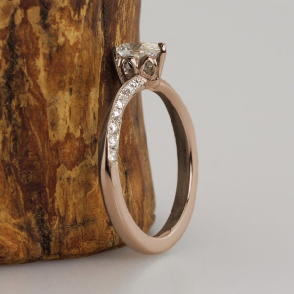 The Tywi: Handmade 14ct Rose Gold Pear Cut Solitaire Engagement Ring with Pavé Set Shoulders