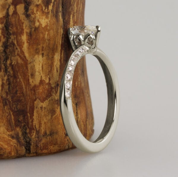 The Tywi: Handmade 18ct White Gold Pear Cut Solitaire Engagement Ring with Pave Set Shoulders