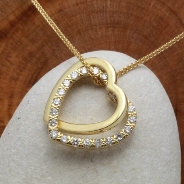 Handmade 9ct Yellow Gold and Diamond Linked Open Hearts Pendant