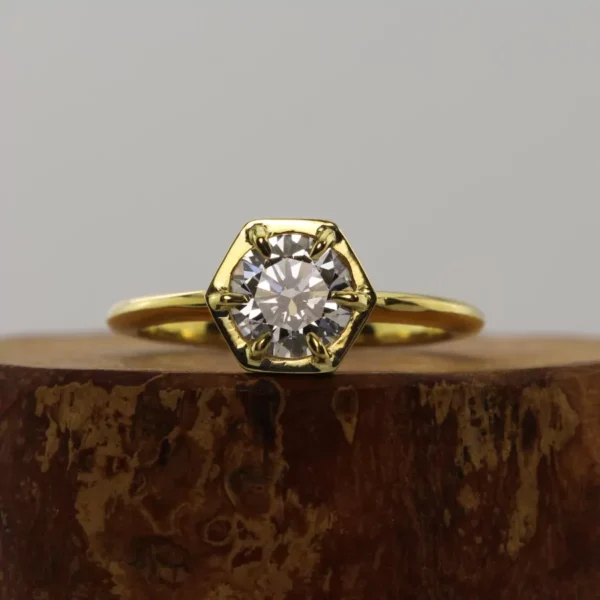 The Douglas: 18ct Gold Hexagon Claw Set Diamond or Moissanite Solitaire Engagement Ring