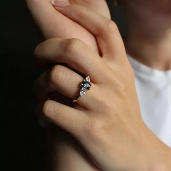 The Borland: Handmade 18ct Rose Gold Oval Teal Sapphire Engagement Ring with Pear Cut Diamonds or Moissanite