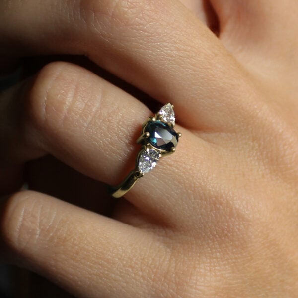 The Borland: Handmade 18ct Gold Oval Teal Sapphire Engagement Ring with Pear Cut Diamonds or Moissanite
