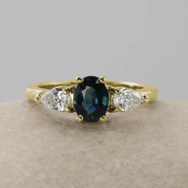 The Borland: Handmade 18ct Gold Oval Teal Sapphire Engagement Ring with Pear Cut Diamonds or Moissanite