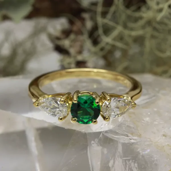 The Array: Handmade 18ct Yellow Gold Emerald with Diamond or Moissanite Three Stone Ring