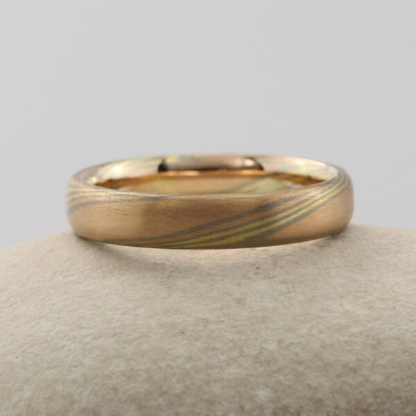 The Hayakawa: 18ct Rose Gold Mokume Gane Wedding Ring with 18ct Yellow and 18ct White Gold