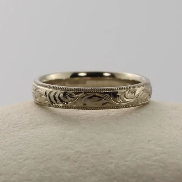 The Eden: Hand Engraved Forest Canopy 18ct White Gold Ring with Milgrain Edge