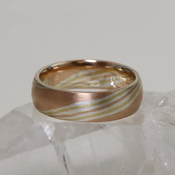 The Hayakawa: 18ct Rose Gold Mokume Gane Wedding Ring with 18ct Yellow Gold and Silver