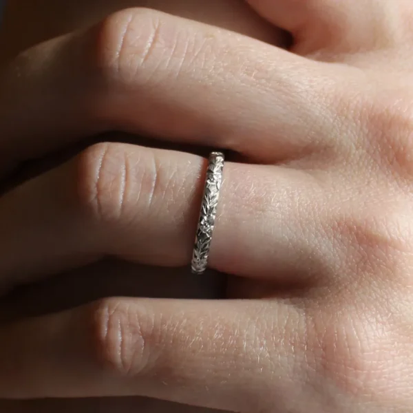 The Swale: Hand Engraved Orange Blossom 950 Platinum Ring
