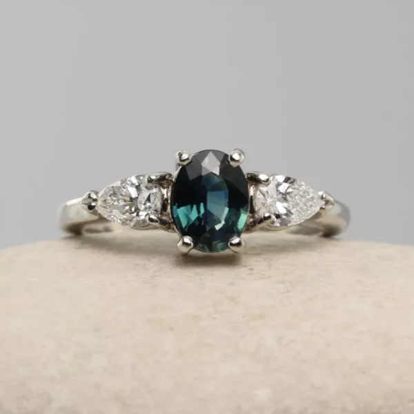 The Borland: Handmade 950 Platinum Oval Teal Sapphire Engagement Ring with Pear Cut Diamonds or Moissanite