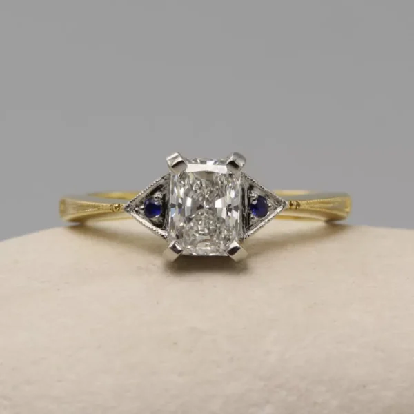 The Danube: 18ct Gold and 950 Platinum Radiant Cut Diamond or Moissanite Engagement Ring with Sapphires