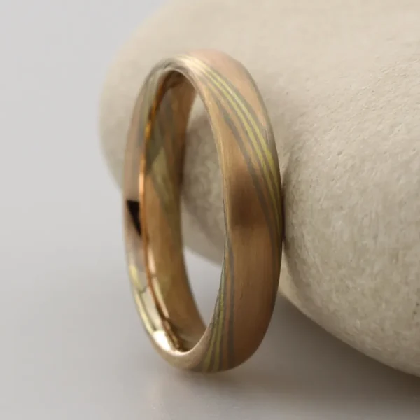 The Hayakawa: 18ct Rose Gold Mokume Gane Wedding Ring with 18ct Yellow and 18ct White Gold