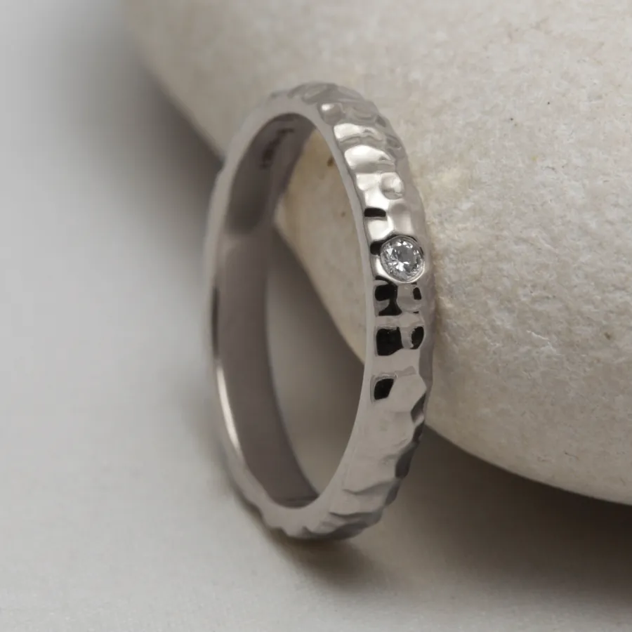 Ethical Hammered 950 Platinum Diamond Wedding Ring