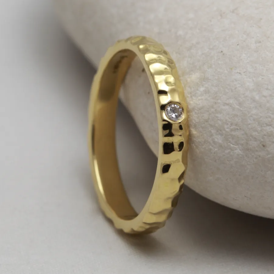Ethical Hammered 18ct Gold Diamond Wedding Ring