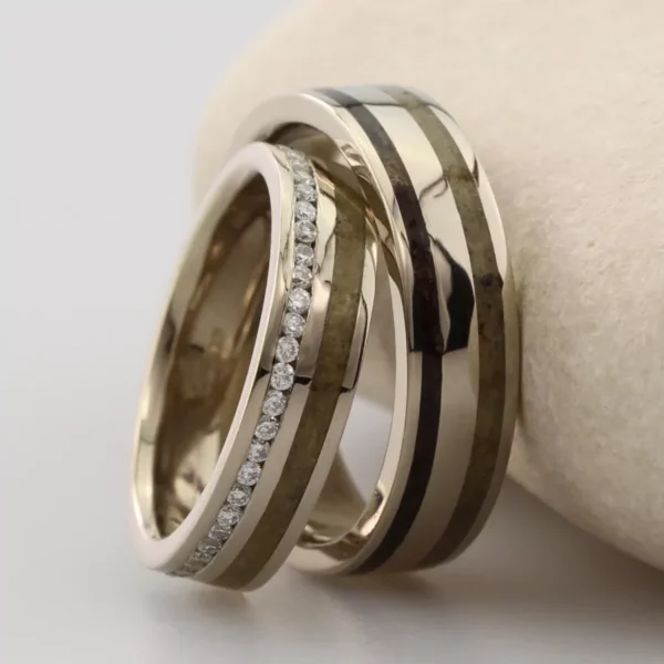 The Denes: Matching Set of 18ct White Gold Bespoke Double Inlay Rings