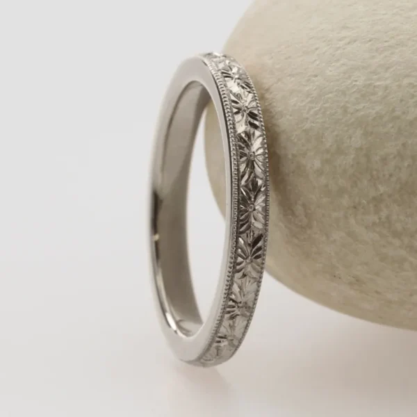 The Greta: Hand Engraved Orange Blossom 950 Platinum Ring with Milgrain Edge