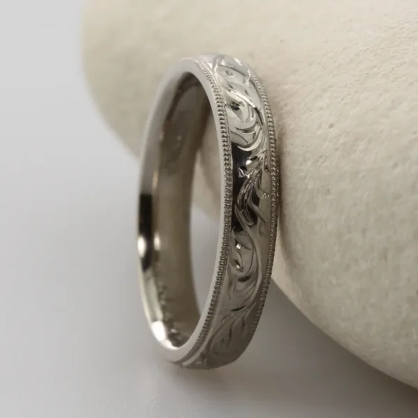 The Eden: Hand Engraved Forest Canopy 950 Platinum Ring with Milgrain Edge
