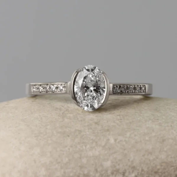 The Faughan: 950 Platinum Partial Collet Oval Diamond or Moissanite Engagement Ring with Pave Set Shoulders