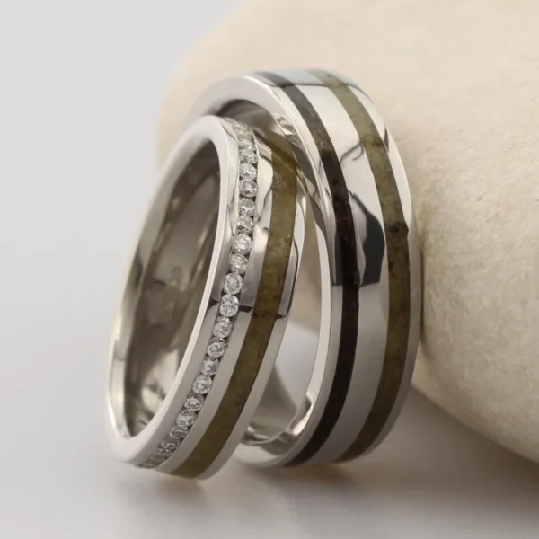 The Denes: Matching Set of 950 Platinum Bespoke Double Inlay Rings