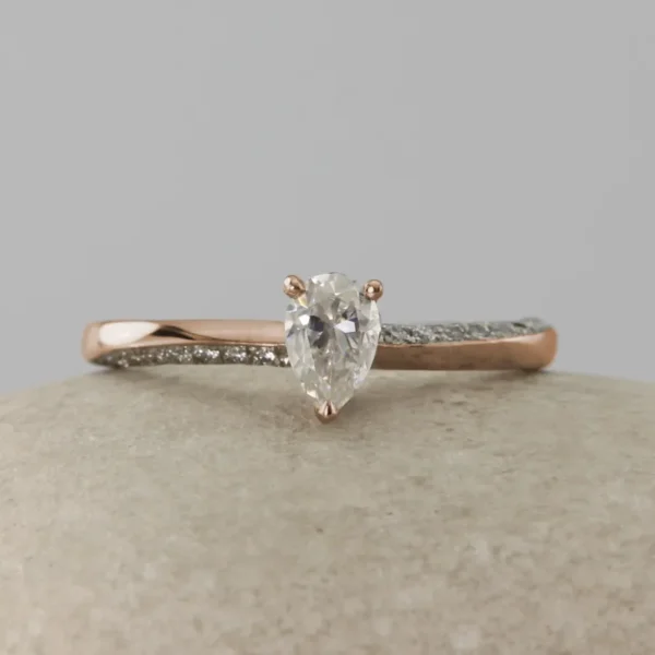 The Tywi: Handmade 14ct Rose Gold Pear Cut Solitaire Engagement Ring with Pavé Set Shoulders