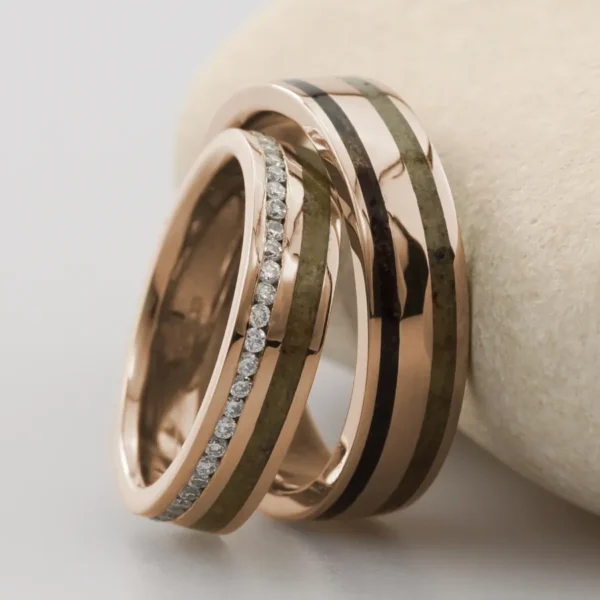 The Denes: Matching Set of 18ct Rose Gold Bespoke Double Inlay Rings