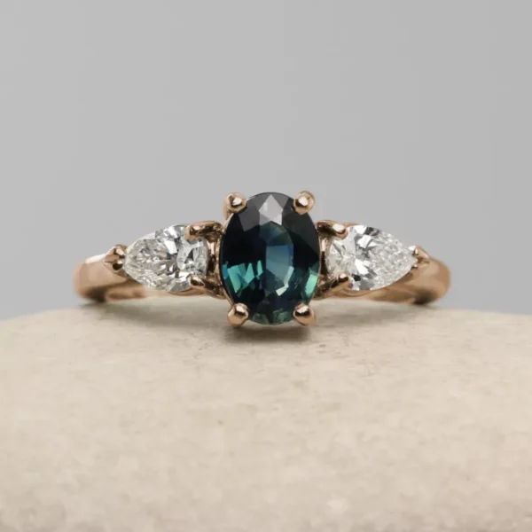The Borland: Handmade 18ct Rose Gold Oval Teal Sapphire Engagement Ring with Pear Cut Diamonds or Moissanite