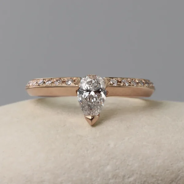 The Leacann: 14ct Rose Gold Pear Cut Diamond or Moissanite Engagement Ring with Pavé Set Shoulders
