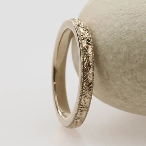 The Greta: Hand Engraved Orange Blossom 18ct White Gold Ring with Milgrain Edge