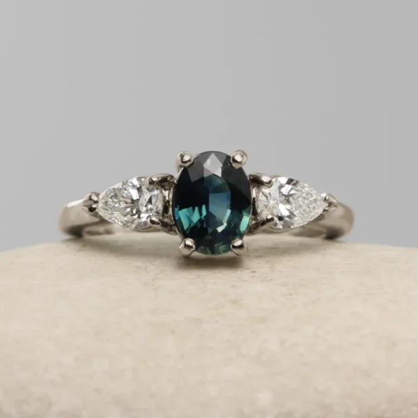 The Borland: Handmade 18ct White Gold Oval Teal Sapphire Engagement Ring with Pear Cut Diamonds or Moissanite