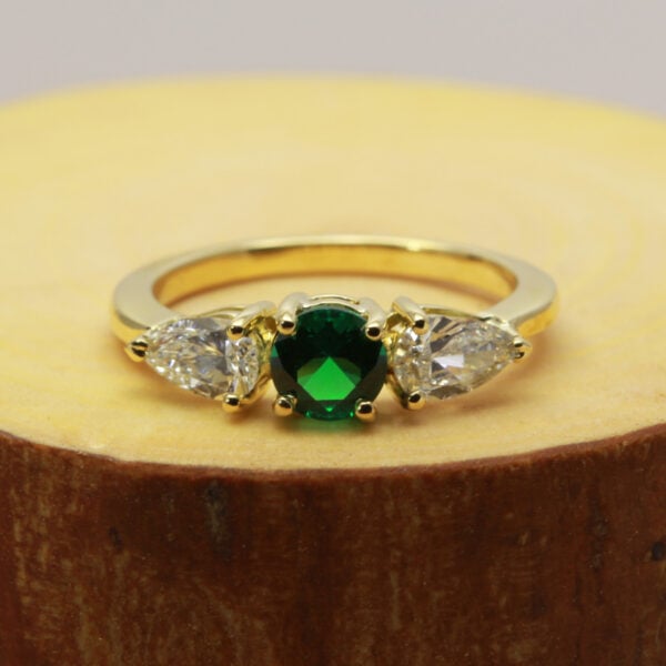 The Array: Handmade 18ct Yellow Gold Emerald with Diamond or Moissanite Three Stone Ring