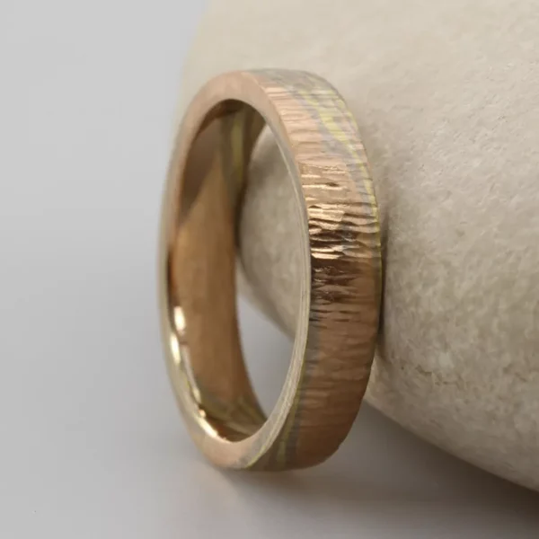 The Kawaji: Rose Gold Mokume Gane Wedding Ring with Yellow and White Gold