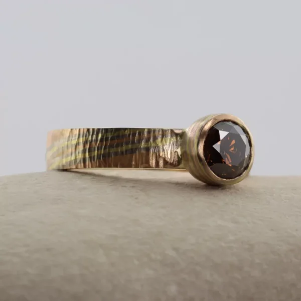 The Kushikino: Handmade 18ct Rose Gold with Yellow and White Gold Mokume Gane Engagement Ring with 0.90ct Cocoa Orange Lab Grown Diamond