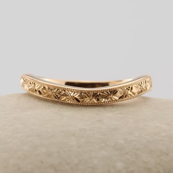 The Lune: Hand Engraved Orange Blossom 18ct Rose Gold Ring with Milgrain Edge and Bespoke Curve