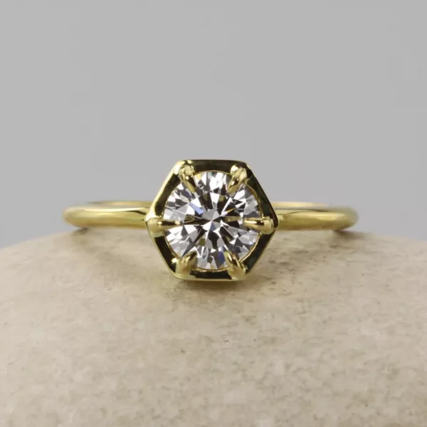 The Douglas: 18ct Gold Hexagon Claw Set Diamond or Moissanite Solitaire Engagement Ring