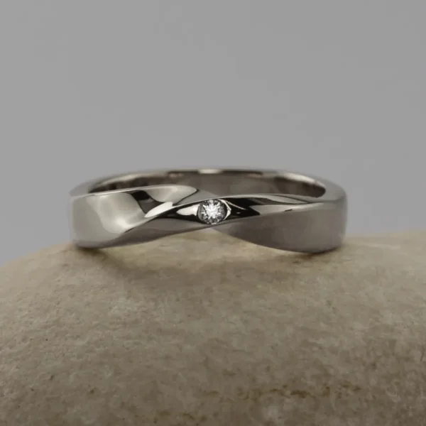The Lynher: Ethical 950 Platinum Bespoke Curved Twist Ring with Diamond or Moissanite