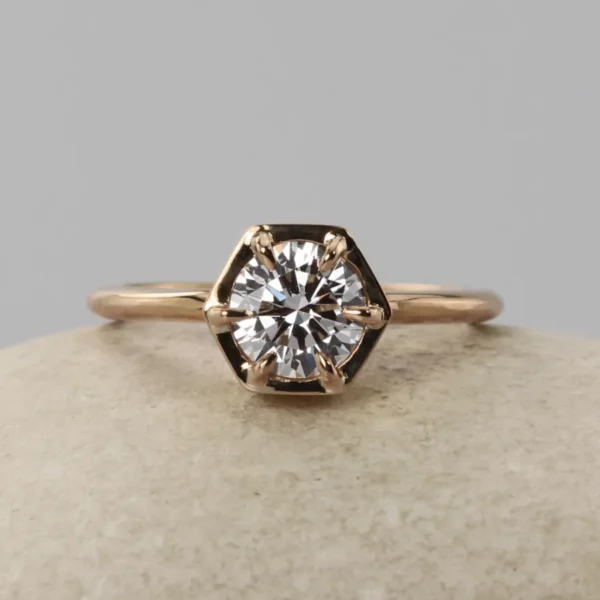 The Douglas: 14ct Rose Gold Hexagon Claw Set Diamond or Moissanite Solitaire Engagement Ring