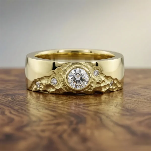 The Loxley: 18ct Yellow Gold Sunrise Mountain Ring with Diamond or Moissanite