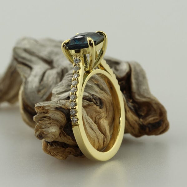 The Doe: 14ct Gold Teal Emerald Cut Sapphire and Diamond Engagement Ring