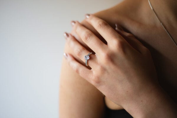 The Faughan: 950 Platinum Partial Collet Oval 1.0ct Lab Grown Diamond Engagement Ring with Pave Set Shoulders