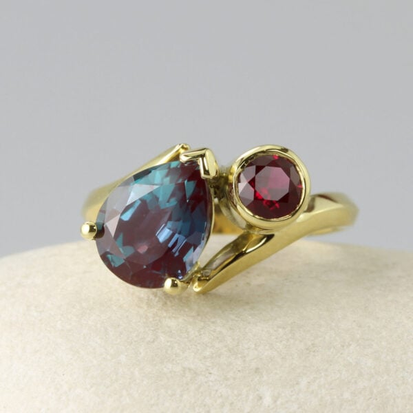 The Dunira: Handmade 18ct Gold Toi et Moi Lab Grown Alexandrite and Ruby Engagement Ring