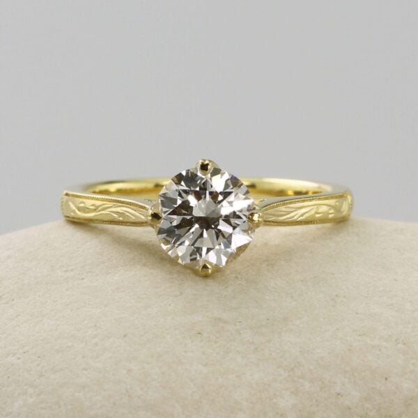 The Petteril: Hand Engraved 18ct Yellow Gold Diamond or Moissanite Wedfit Engagement Ring