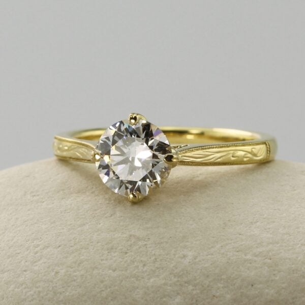 The Petteril: Hand Engraved 18ct Yellow Gold Diamond or Moissanite Wedfit Engagement Ring