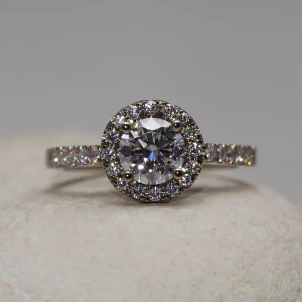 The Massan: Handmade 18ct White Gold Diamond or Moissanite Halo Engagement Ring