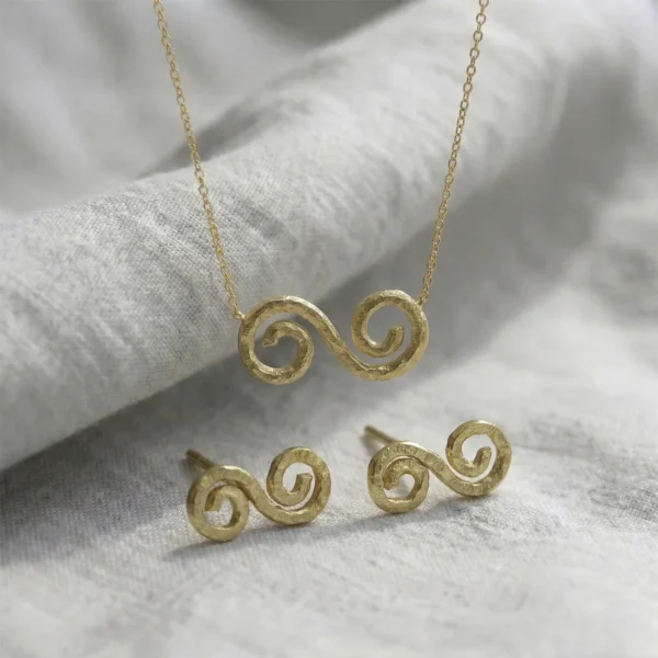 Handmade 18ct Yellow Gold Celtic Double Spiral Pendant and Earrings Set