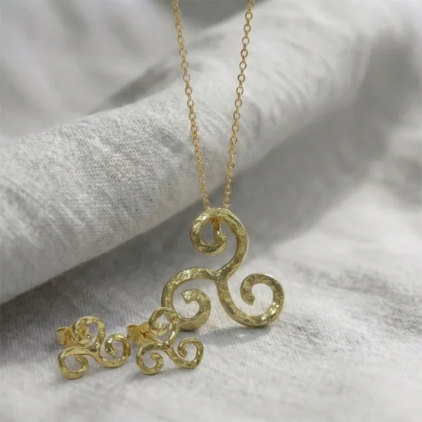 Handmade 18ct Yellow Gold Triskeles Celtic Love Knot Pendant and Earrings Set