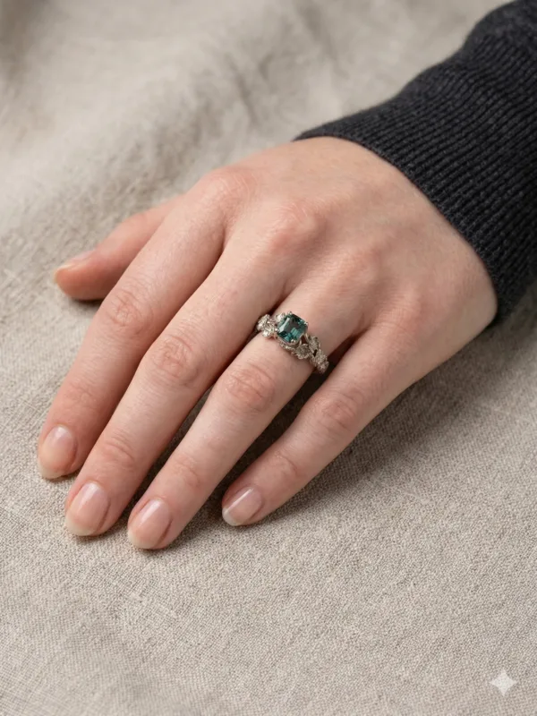 The Elan: Handmade 18ct White Gold Emerald Cut Sea Green Sapphire Floral Engagement Ring