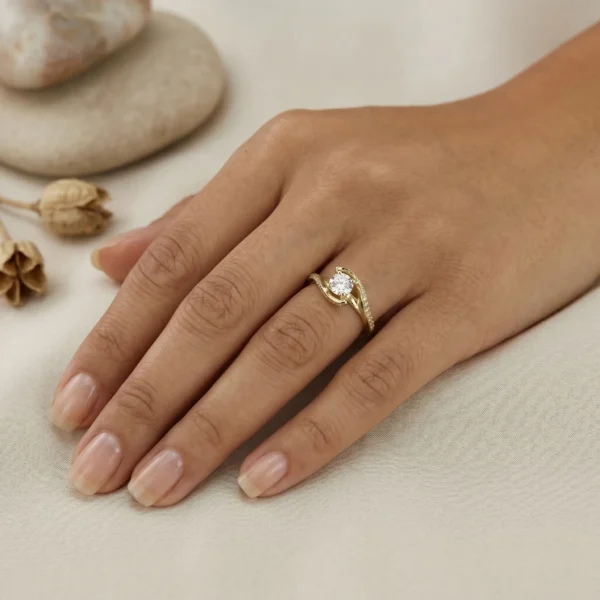The Coquet: 18ct Yellow Gold Swirl Bypass Diamond or Moissanite Engagement Ring with Pavé Band