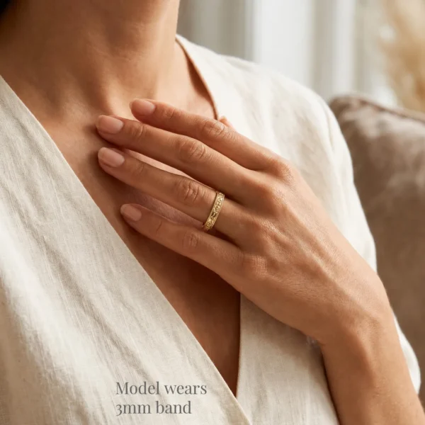 The Greenbrier: Hand Engraved Rose Garden 14ct Yellow Gold Ring with Milgrain Edge